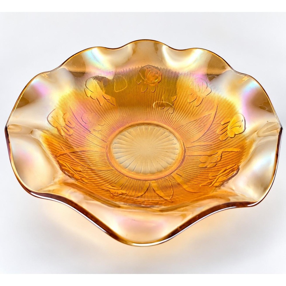 Jeannette Iris Herringbone Marigold Carnival Glass 11.5" Ruffled Bowl Vintage